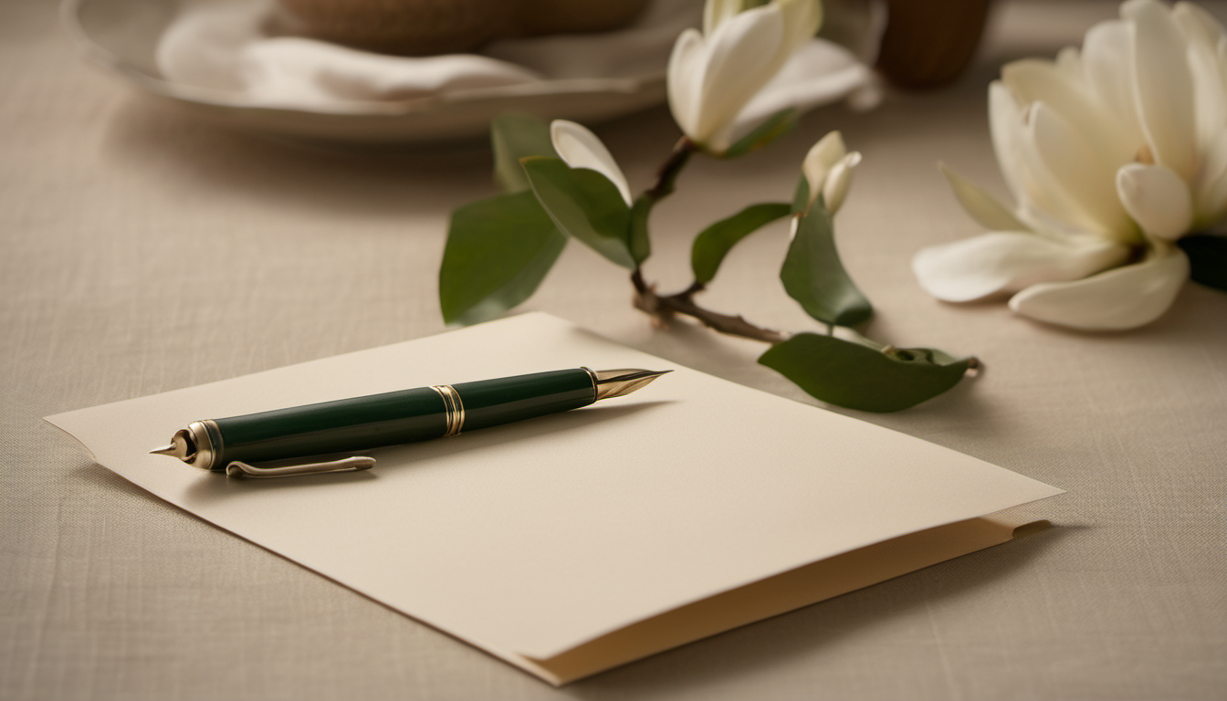An open sympathy notecard on a quiet linen surface
