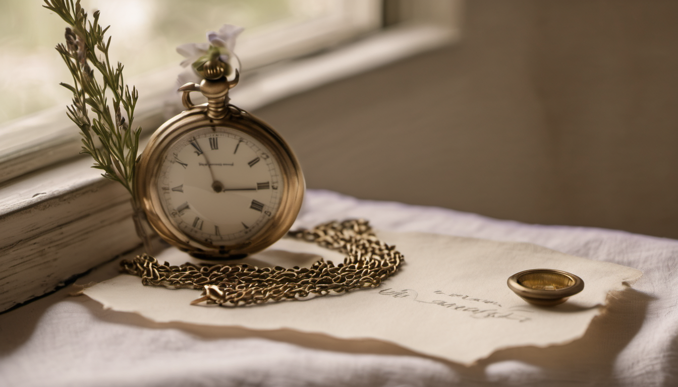 A sealed cream sympathy card resting on a writing desk beside a pocket watch